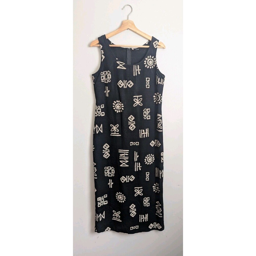 90s Rayon Blend Sleeveless Maxi Dress S Black White Eclectic Artsy Boho Tank Y2K